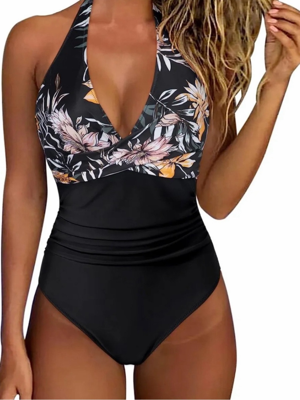 Floral Halter One-Piece Swimsuit - Black